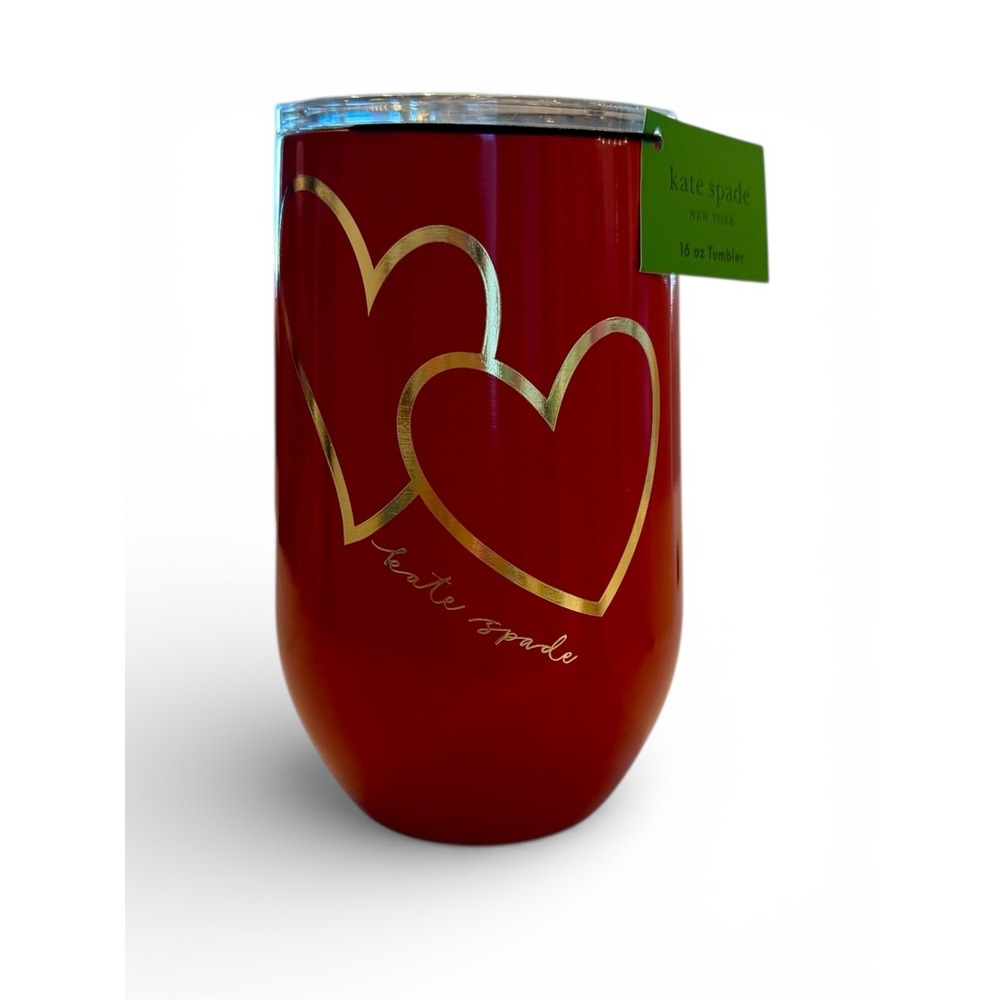 Kate Spade New York Red Double Heart 16 oz Tumbler Travel Cup New